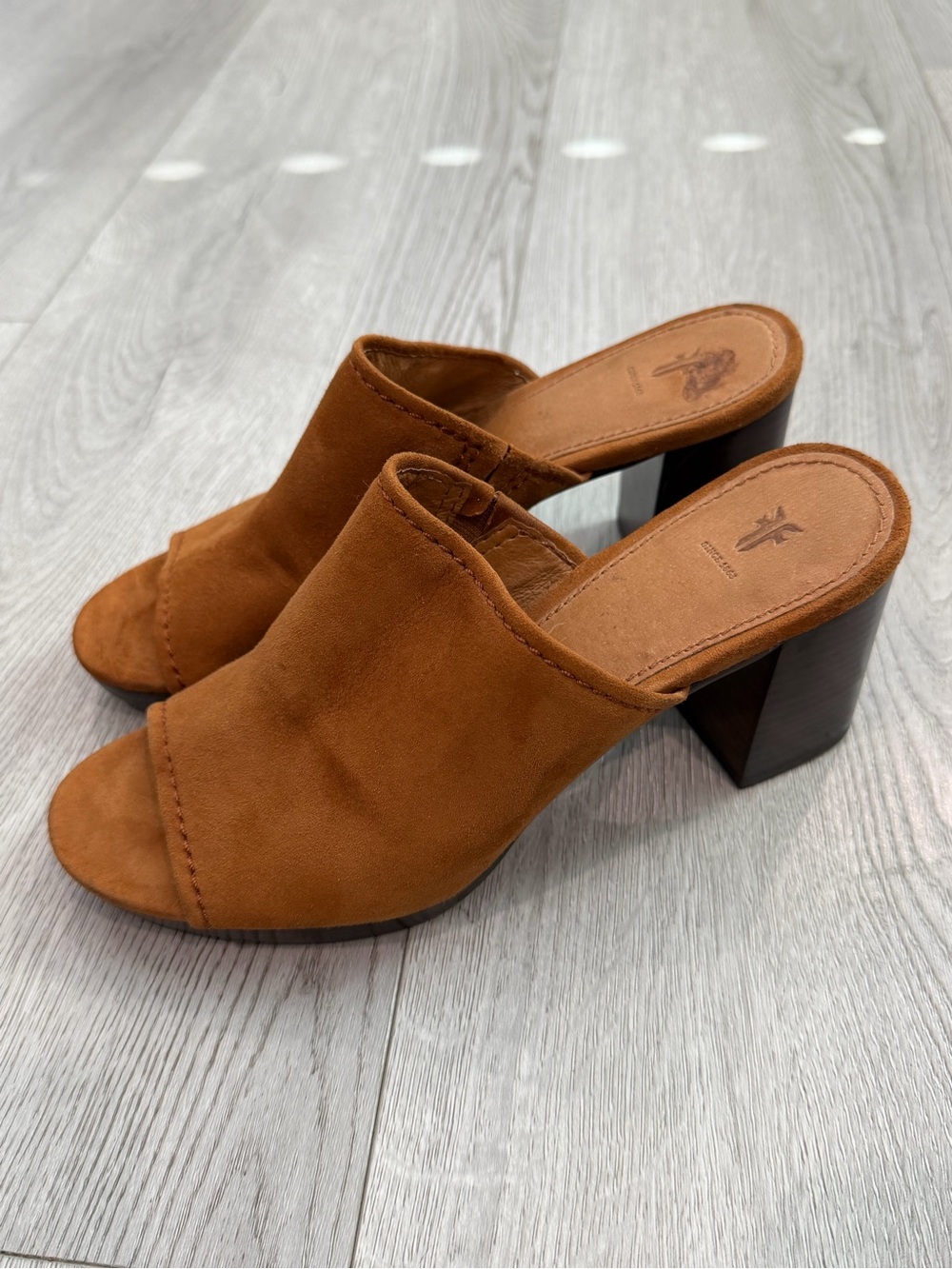 Frye Cognac Suede Open-Toe Block Heel Mules